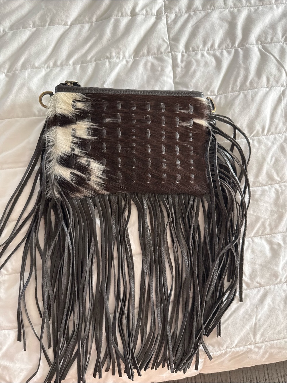 Fringe Cowhide Crossbody Bag in Black & White